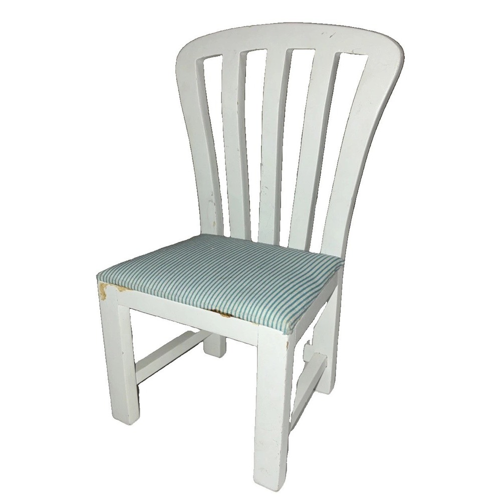 Vintage Wooden Doll Chair White Striped Fabric Covered Seat 9x5x4" *spots